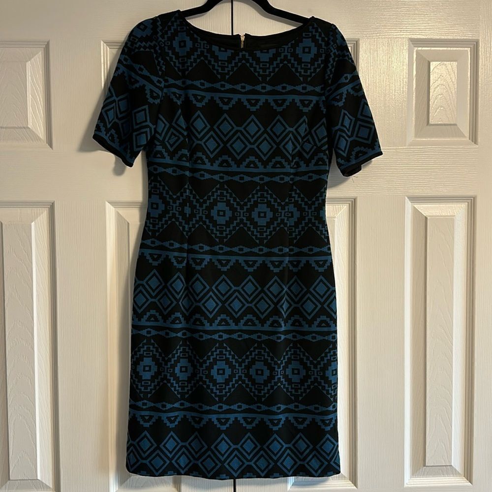 Tahari by ASL Blue & Black Shapes Short-sleeve Dress